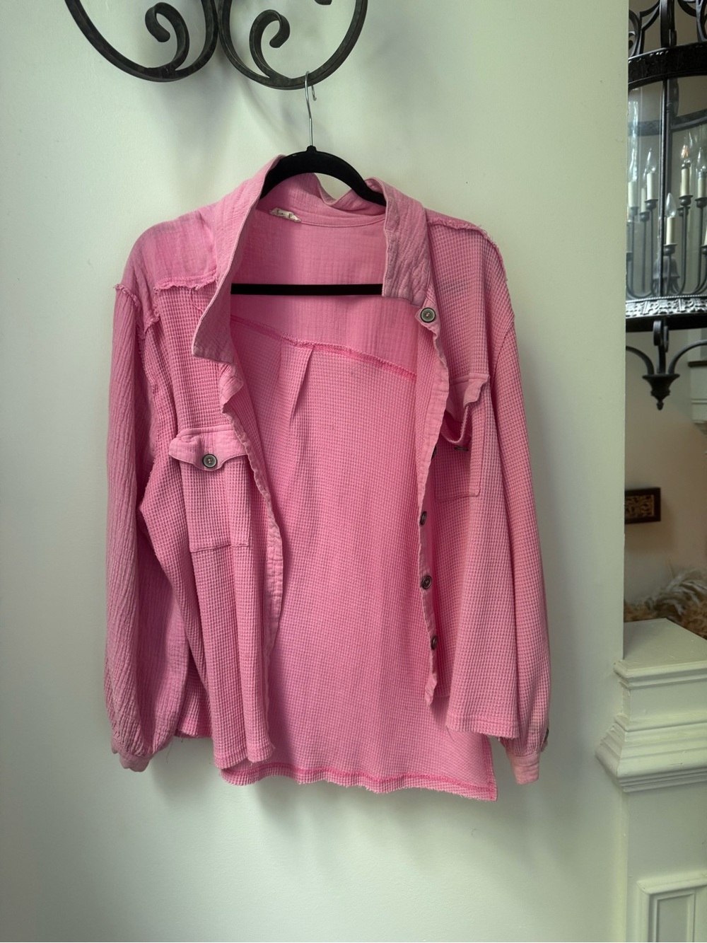 Pink Waffle-Knit Button Shirt (perfect cover up)